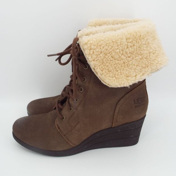 UGG Zea 1003360 Brown Waterproof Leather Shearling Lined Wedge Boots - Picture 4 of 10
